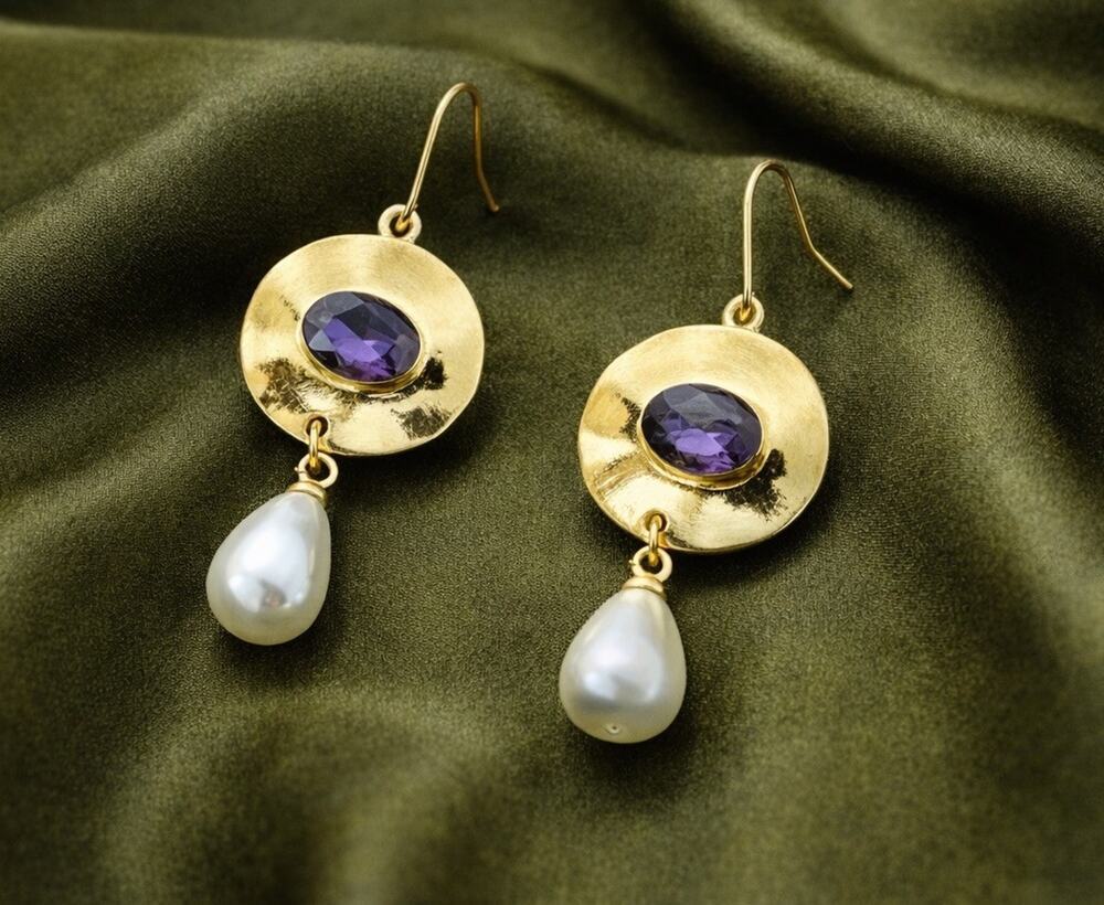 Museum Pearl Amethyst Modern Charm Art Earrings Geometric Gold Art Boho Bezel
